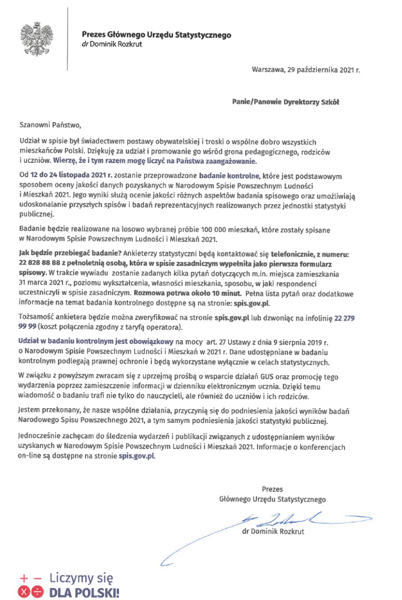 Pismo Prezesa GUS - Badanie kontrolne NSP 2021